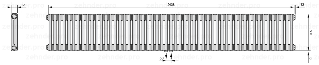 Схема (чертеж) Радиатор Zehnder Charleston 2056/53 №5410 Белый глянцевый RAL 9016